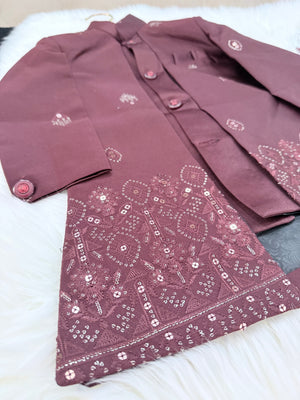 Boy's Cotton Silk 2 Piece Indo Western Dress,  Embroidered  Sequins Long Jacket with  Pant and Necklace, Boy's Dress - B-2013