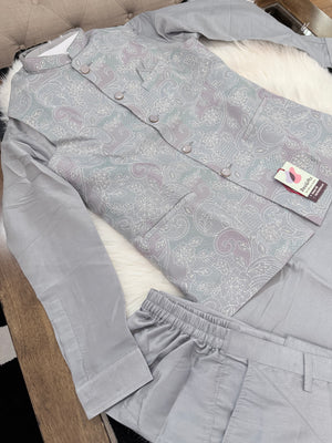 Luxury Everlasting Gray Silk 3-Piece Kurta Pajama with Stylish Jacket, Men’s Festive & Wedding Wear Set, KPJ-2032