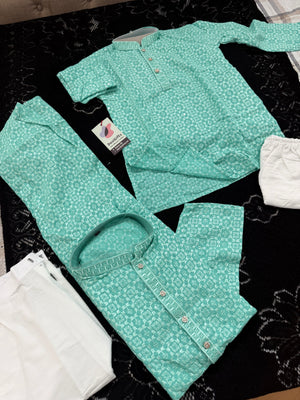 Men & Boys Turquoise Teal Rayon Chikankari with Sequins Kurta Pajama Set | Matching Father Son Option Festive Outfit with Sequin Work, DM -1423