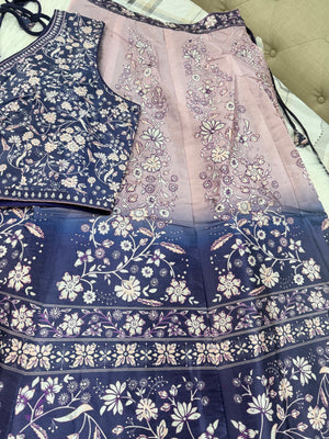 Women’s Navy Blue & Dusty Pink Lehenga Choli Set with Dupatta – Digital Floral Print, Mirror-Style Sequin Work, Indian Wedding Festive Wear, LHG - 4009