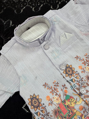 Boys Light Lavender Kurta Pajama with with Elephant Print Nehru Jacket | 3-Piece Indian Ethnic Outfit – Festive Ethnic Wear,- Design B-4034