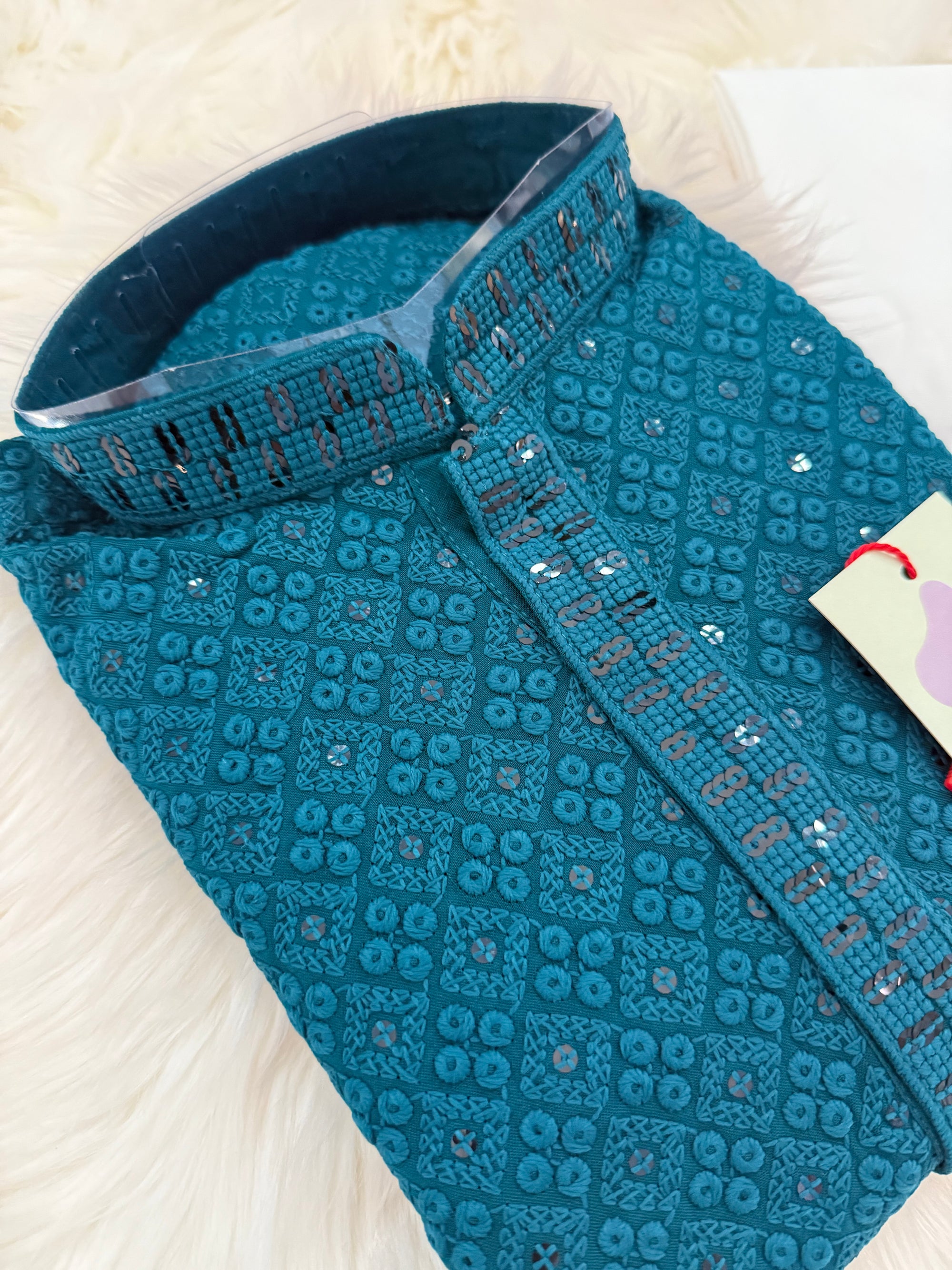 Pre-Teen and Teen Boy's Chikankari Embroidered Rayon Kurta Pajama with Sequins , Teal Blue Shade, - BOY-1913