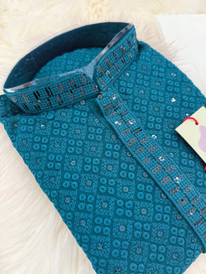 Pre-Teen and Teen Boy's Chikankari Embroidered Rayon Kurta Pajama with Sequins , Teal Blue Shade, - BOY-1913