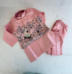 PInk Shade 4 Piece Boy's Cotton  Silk Ethnic Kurta with Jacket, Dhoti and Pajama- Design B-2004