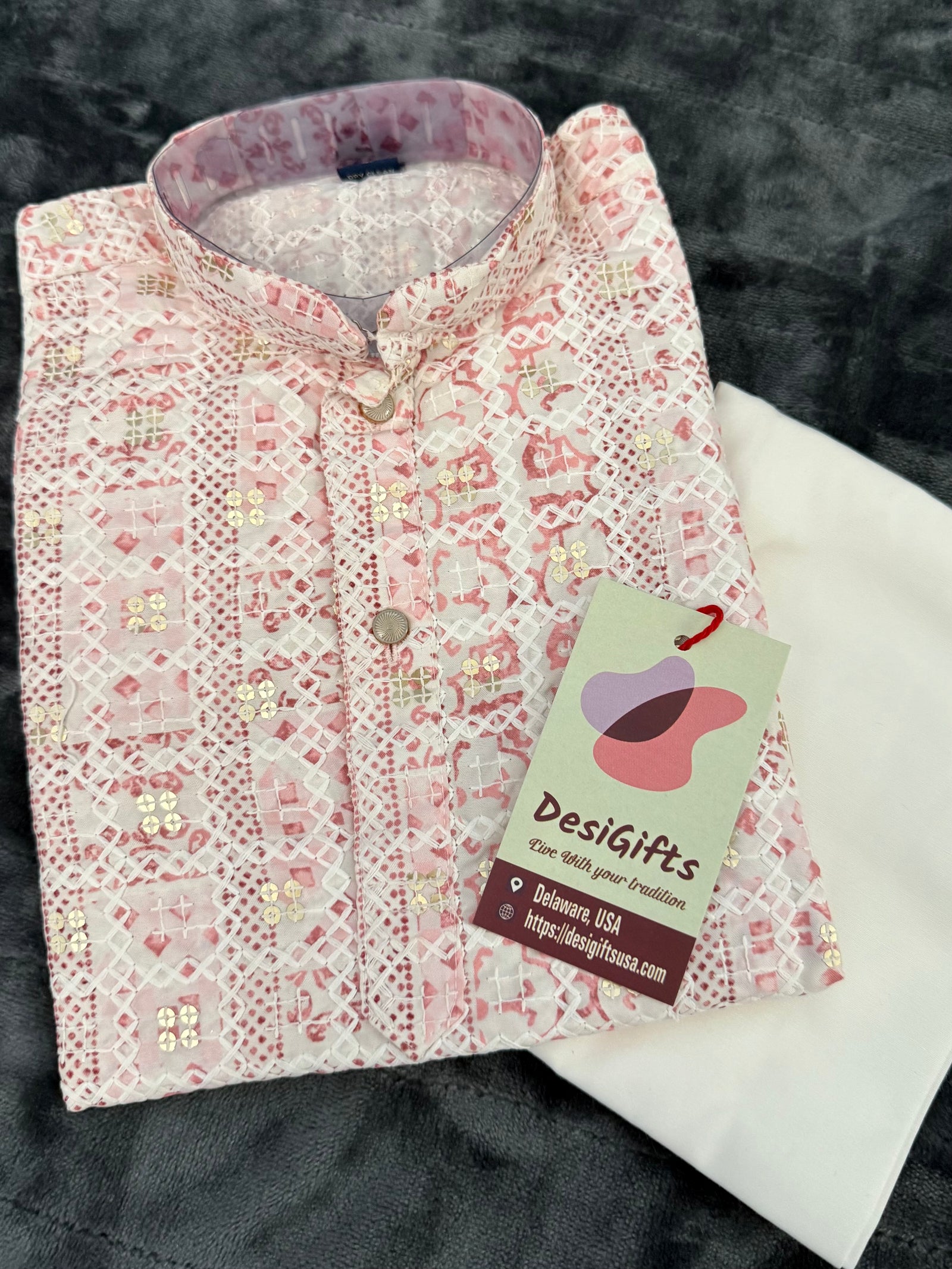 Pink Shade Boy's Soft Cotton Silk Self Design with Sequins Kurta Pajama - Design BOY-1917