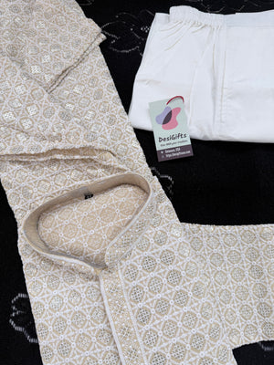 Men's Kurta Pajama set with Embroidery and Sequins in Light Yellowish Shade. Two-piece Indian traditional outfit., KP - 1425