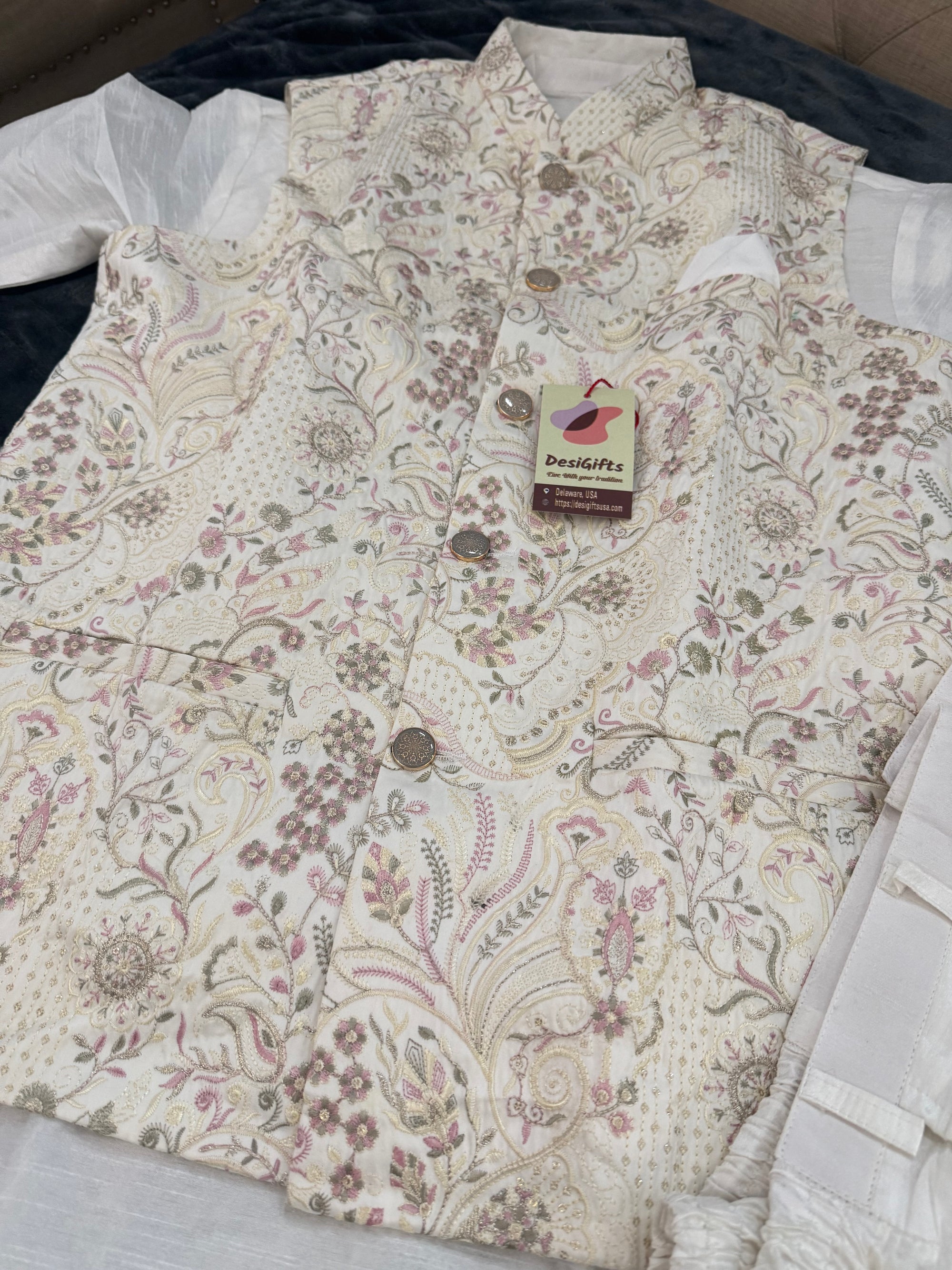Elegant 3 Piece Cream Kurta Pajama with Jacket  Embroidered Set for Man, Cotton Silk, Indian Wedding Partywear, DM - 1885