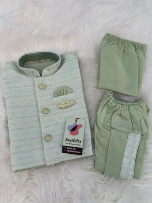Green Shade 4 Piece Boy's Cotton  Silk Ethnic Kurta with Jacket, Dhoti and Pajama- Design B-2005