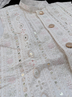 Festive White Ethnic Jacket for Men – Pastel Thread Embroidery with Sequins – Heavy Thread Work Wedding Waistcoat | J-3032