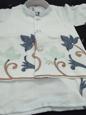 Boys Sky Blue Kurta Pajama with Embroidered Nehru Jacket | 3-Piece Indian Ethnic Outfit – Festive Ethnic Wear,- Design B-4035