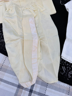 Boys Light Lemon Yellow Kurta Pajama Set with Geometric Self Design Jacket | Dhoti and Pajama | Indian Wedding Festive Ethnic Wear for Kids, B-4056
