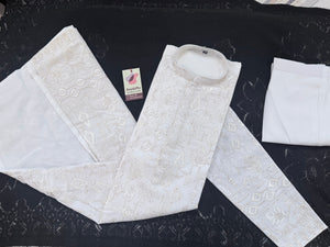 Men’s White Embroidered Kurta Pajama Set with Sequin Accents | Chikankari-Style Wedding & Festive Indian Outfit, KP- 3058