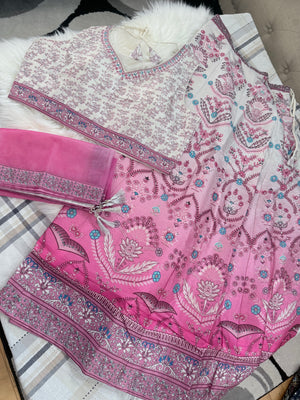 Pink & Ivory Floral Printed Lehenga Choli Set with Dupatta – Ombre Digital Print, Mirror-Style Sequin Accents, Indian Wedding & Festive Wear, LHG-4012