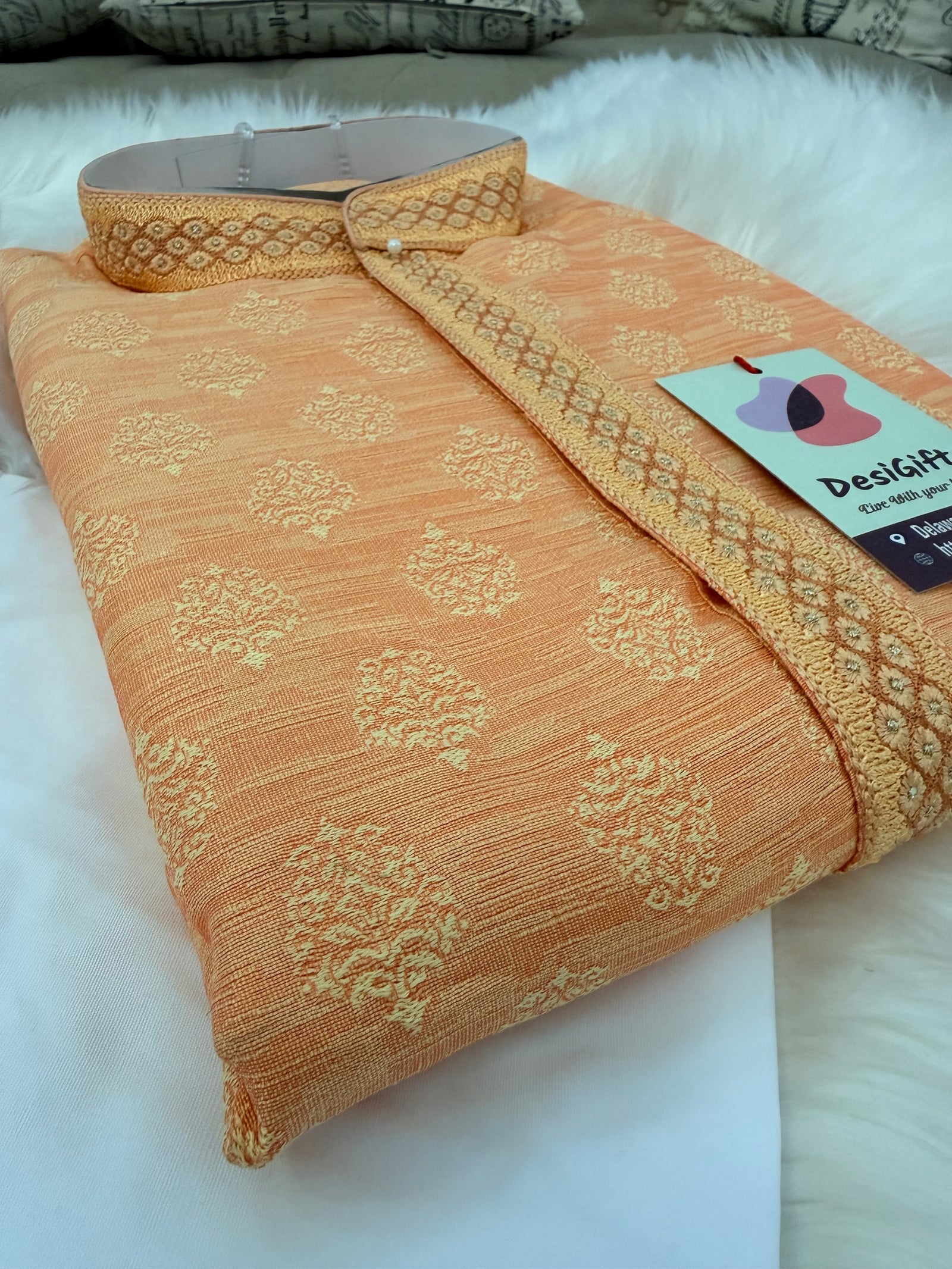 Men's Peach Orange Kurta Pajama Set | Jacquard silk Kurta Set with Trouser Pant | Traditional Indian Wedding, Diwali & Festive Wear, KP-4088