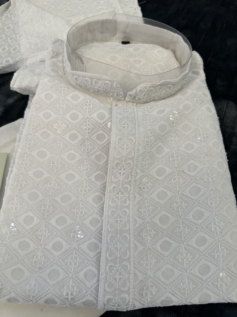 Size 46, Chikankari Sequins 2 Piece Soft Kurta Pajama Set for Man, White Shade, Embroidered Party Man's Wear, KP - 1496