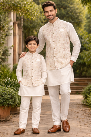 3 Piece Cream Kurta Pajama with Embroidery Jacket Set, Cotton Sateen Kurta, Father & Son's Outfit, DM - 2014