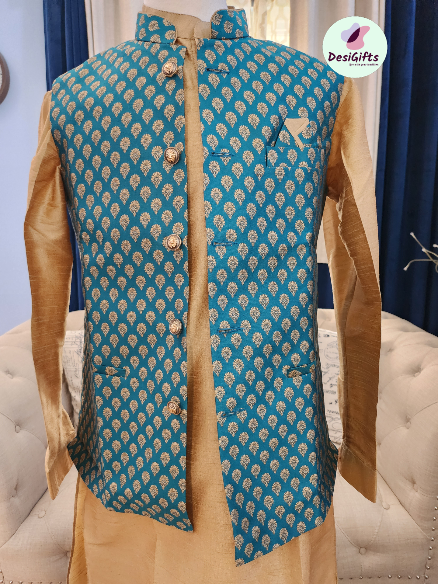 3 Piece Kurta Pajama, Pant Style, with Stylish Jacket Set-Silk Design TPKP- 249