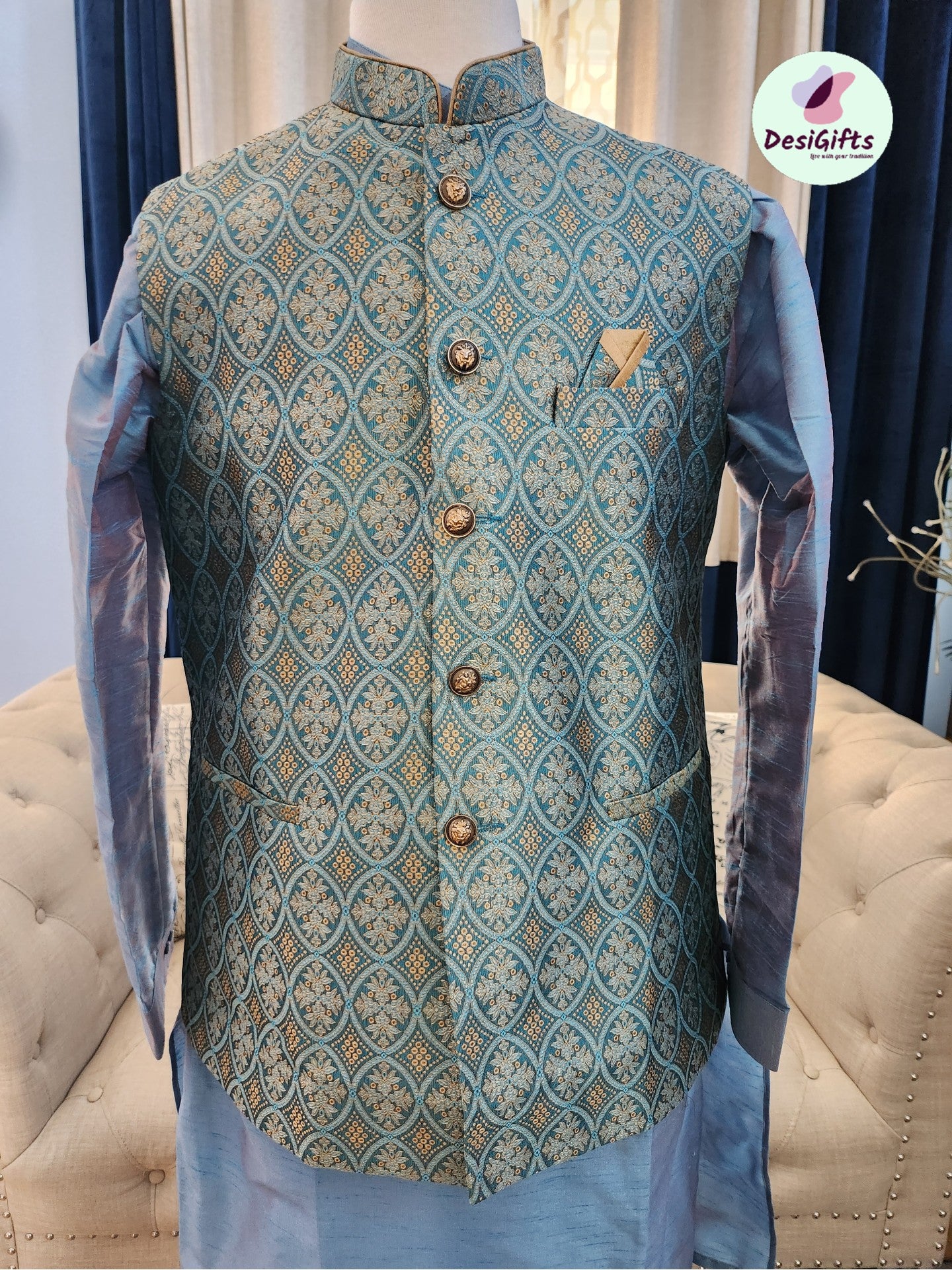 Buy Sky Blue Silk Embroidered Pearls Waist Coat And Kurta Set For Men by  Sarab Khanijou Online at Aza Fashions.