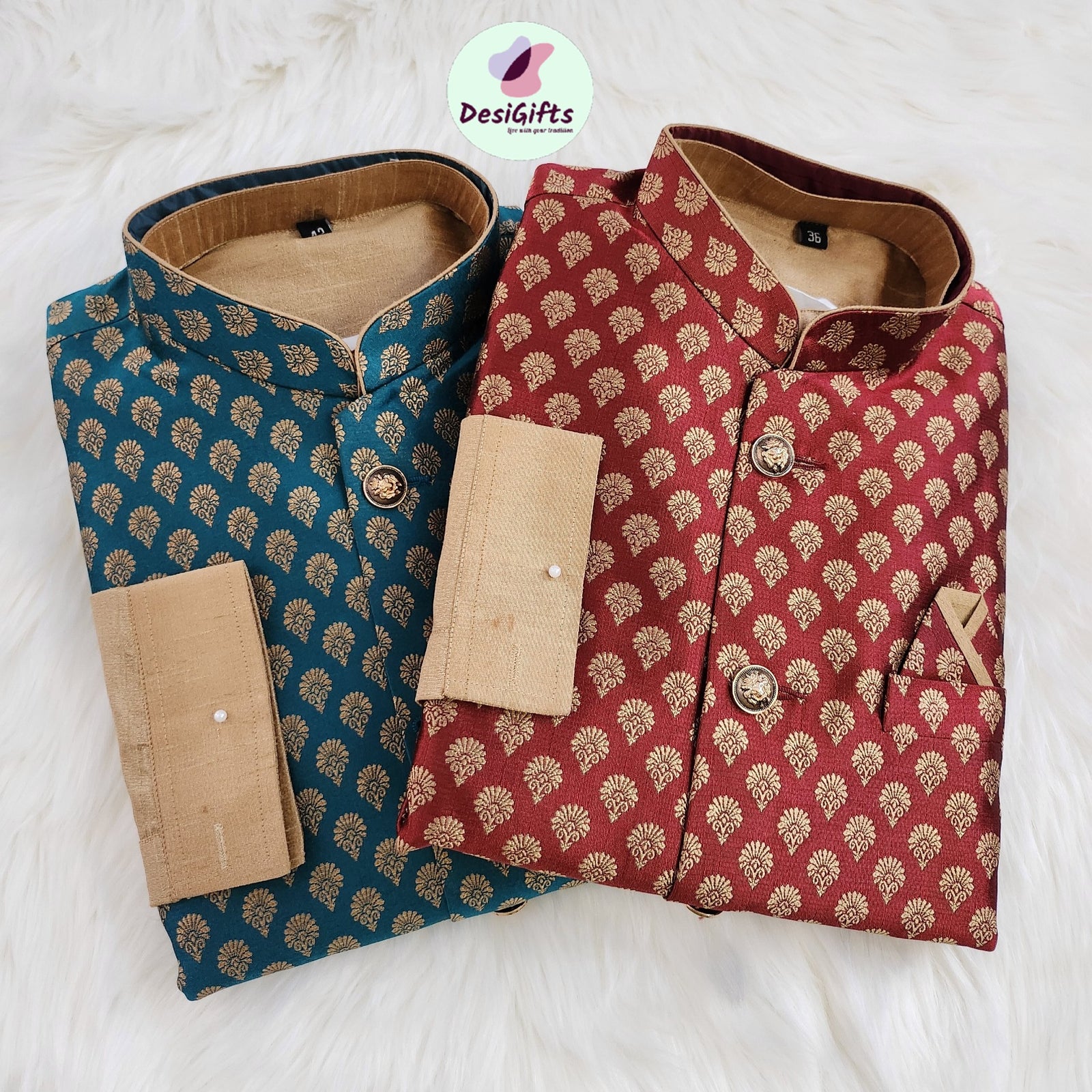 Size 50, 3 Piece Kurta Pajama, Pant Style, with Stylish Jacket Set-Silk Design TPKP- 249