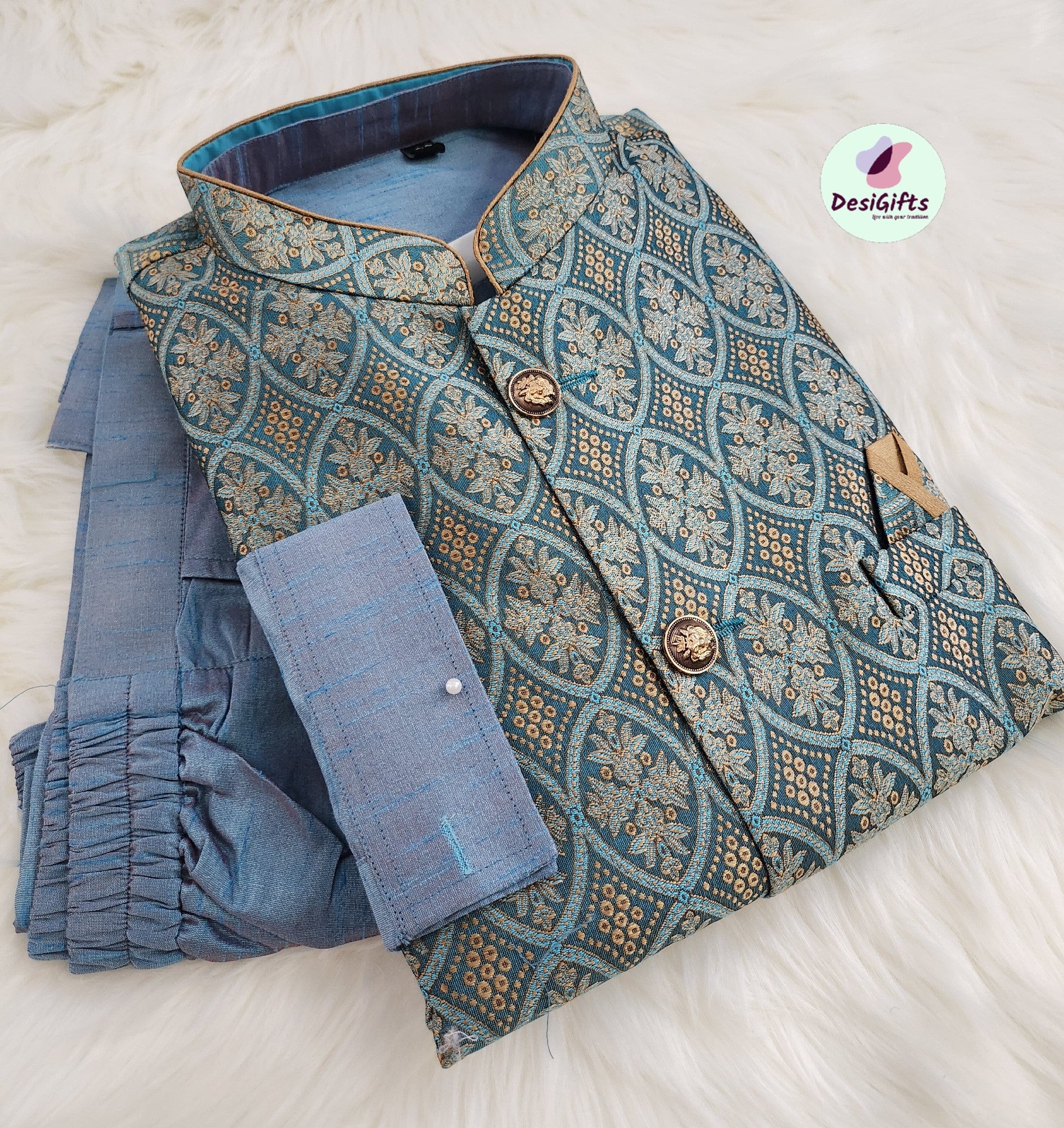 Size 36 Luxurious Sapphire Blue 3 Piece Kurta Pajama, Pant Style, with Stylish Jacket Set-Silk Design TPKP- 317