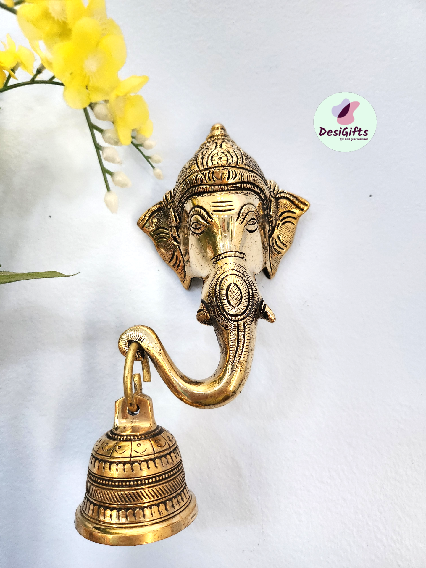 8" Ganesha Face with Hanging  Bell, GHDB#1042