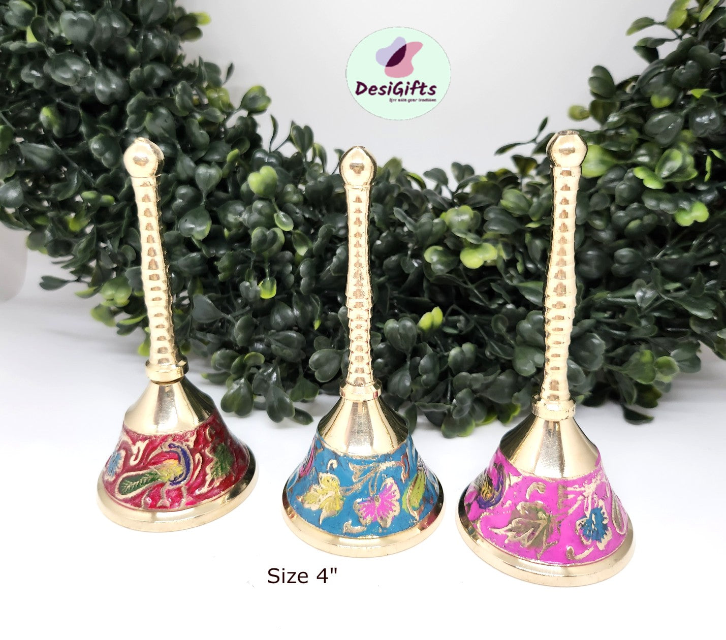 4" Decorative Brass Bell, Hand Painted Vintage Hand Bell, Assorted Colors, HGBB - 1100