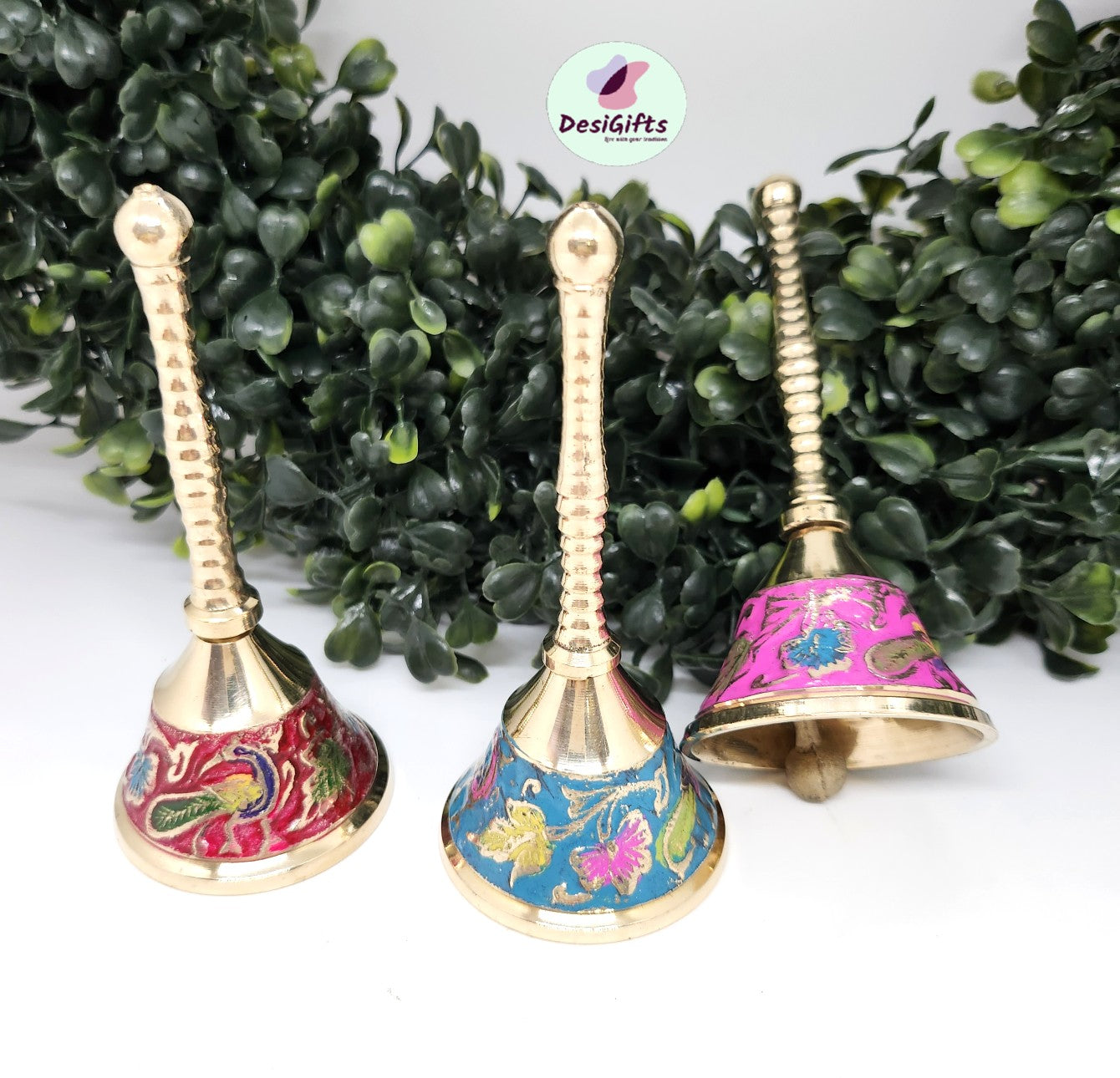 4" Decorative Brass Bell, Hand Painted Vintage Hand Bell, Assorted Colors, HGBB - 1100