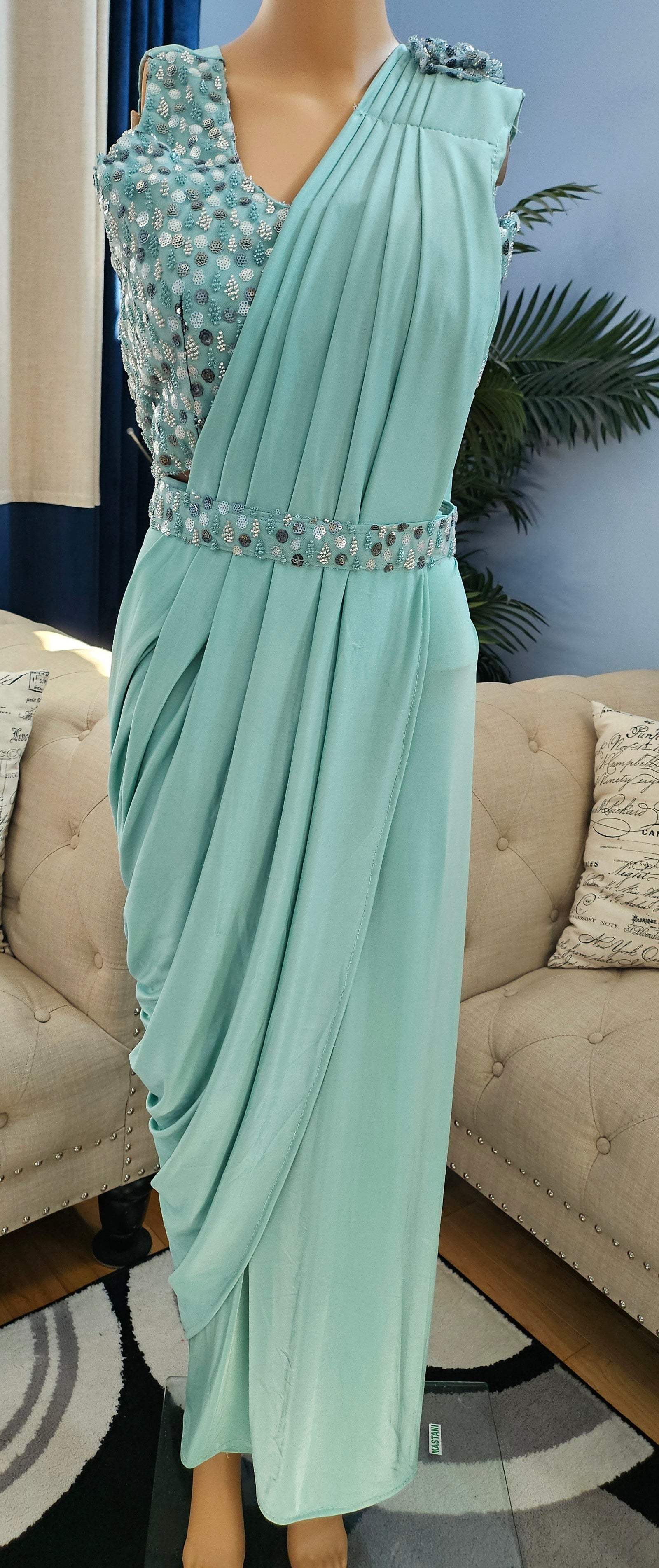 Readymade Pre-Stitched Saree, Ready to wear Saree  in Turquoise Shade  Indian Ethnic Sari, GRL - 1308