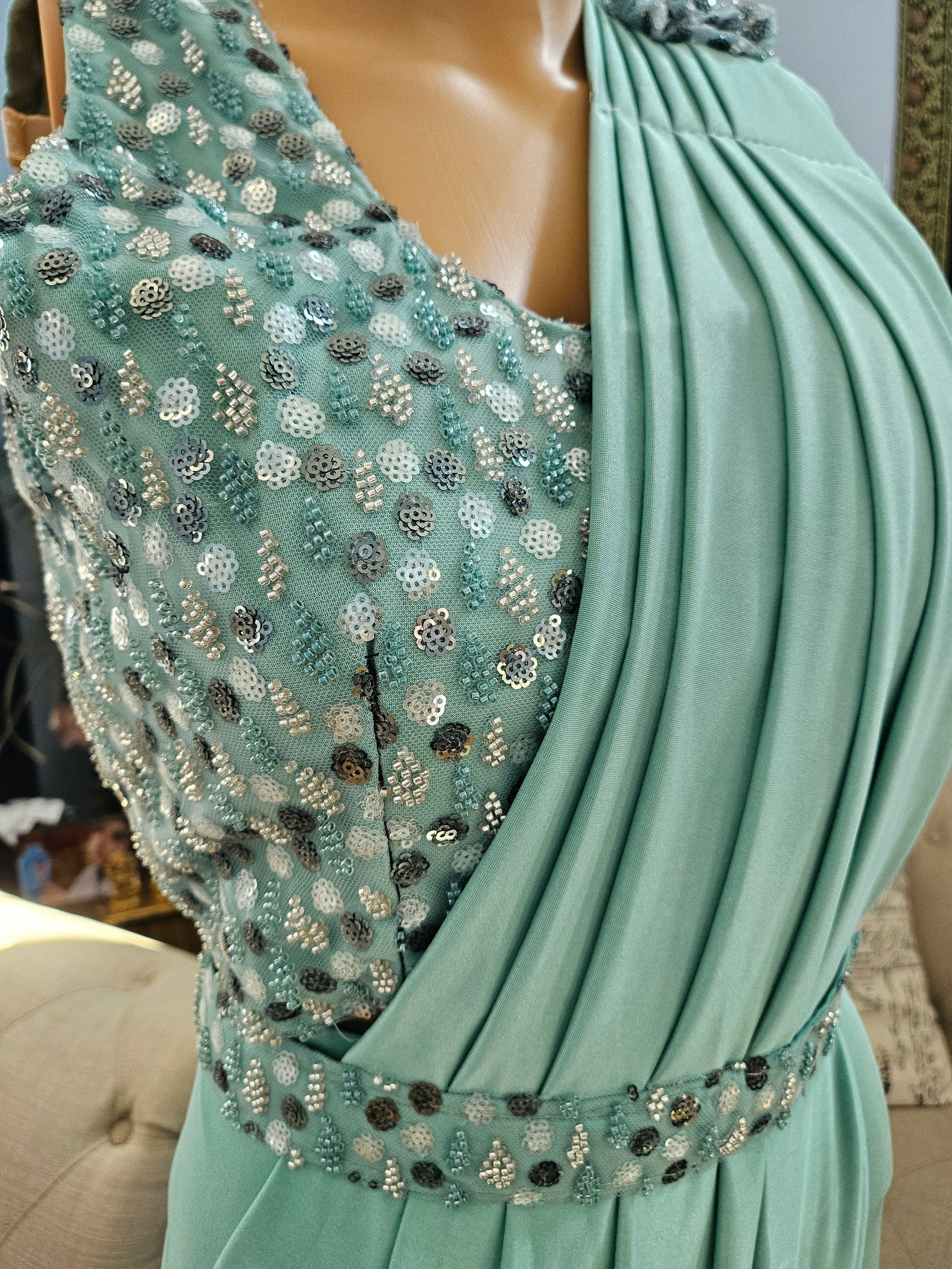 Readymade Pre-Stitched Saree, Ready to wear Saree  in Turquoise Shade  Indian Ethnic Sari, GRL - 1308