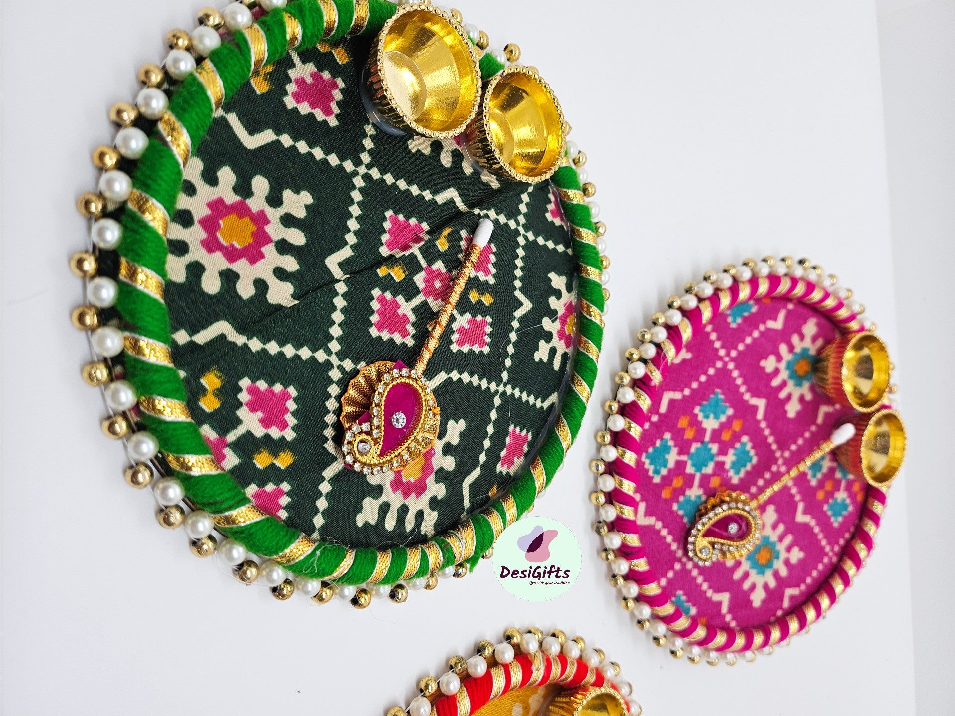 Decorative Kumkum Plate with Bowls & Tilak Stick, Assorted Colors, RKH - 1464