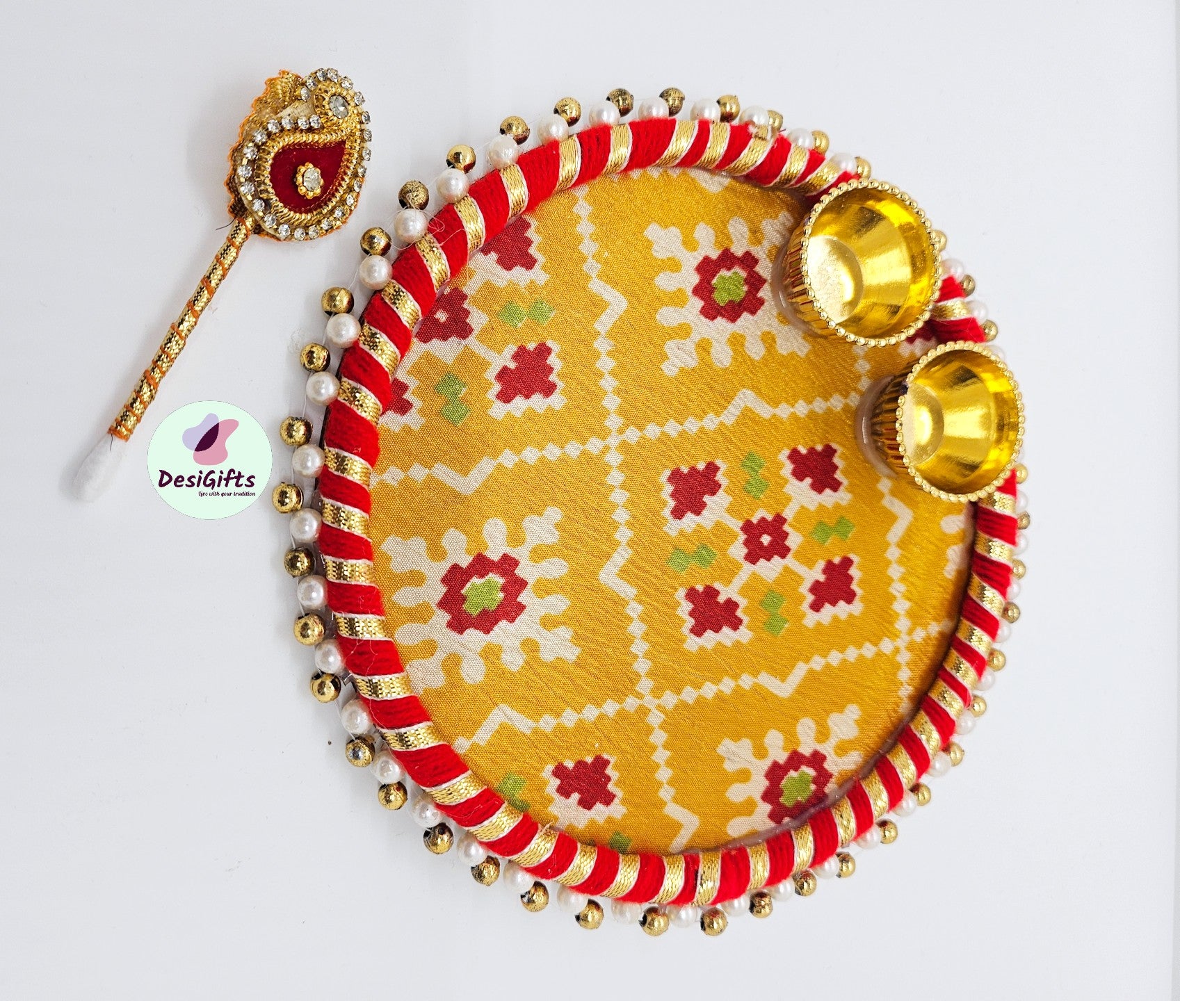 Decorative Kumkum Plate with Bowls & Tilak Stick, Assorted Colors, RKH - 1464