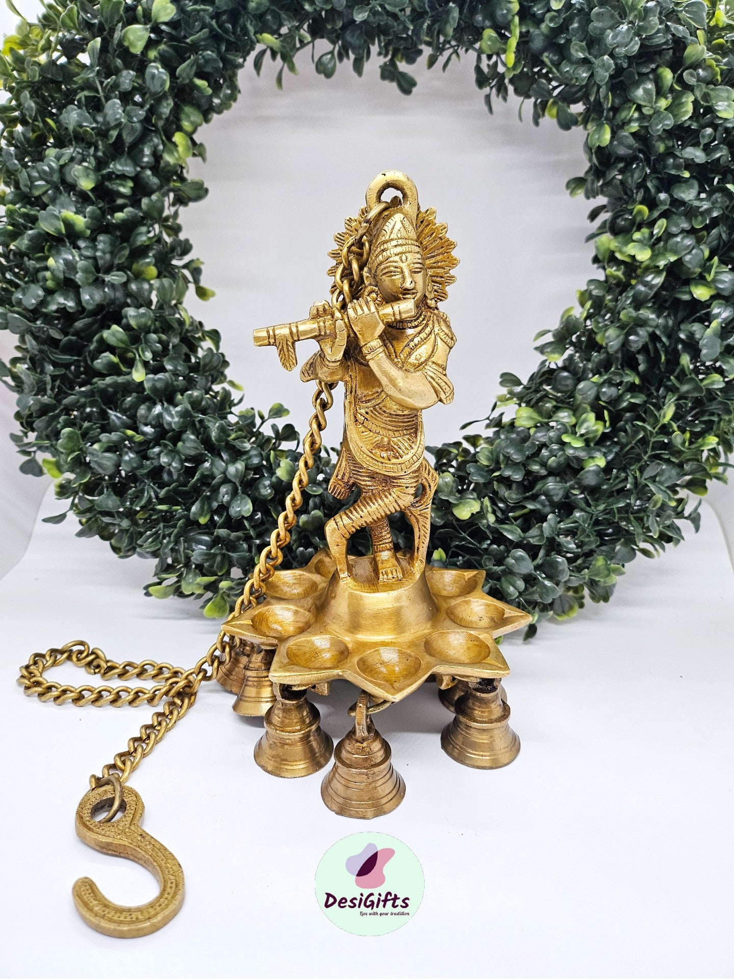 Krishna Wall Hanging ~8" Idol Oil Lamp with Bells & ~20" Chain in Brass, Hanging Oil wick Krishna Decor,  Deepak, Deepam, RKSB- 1462