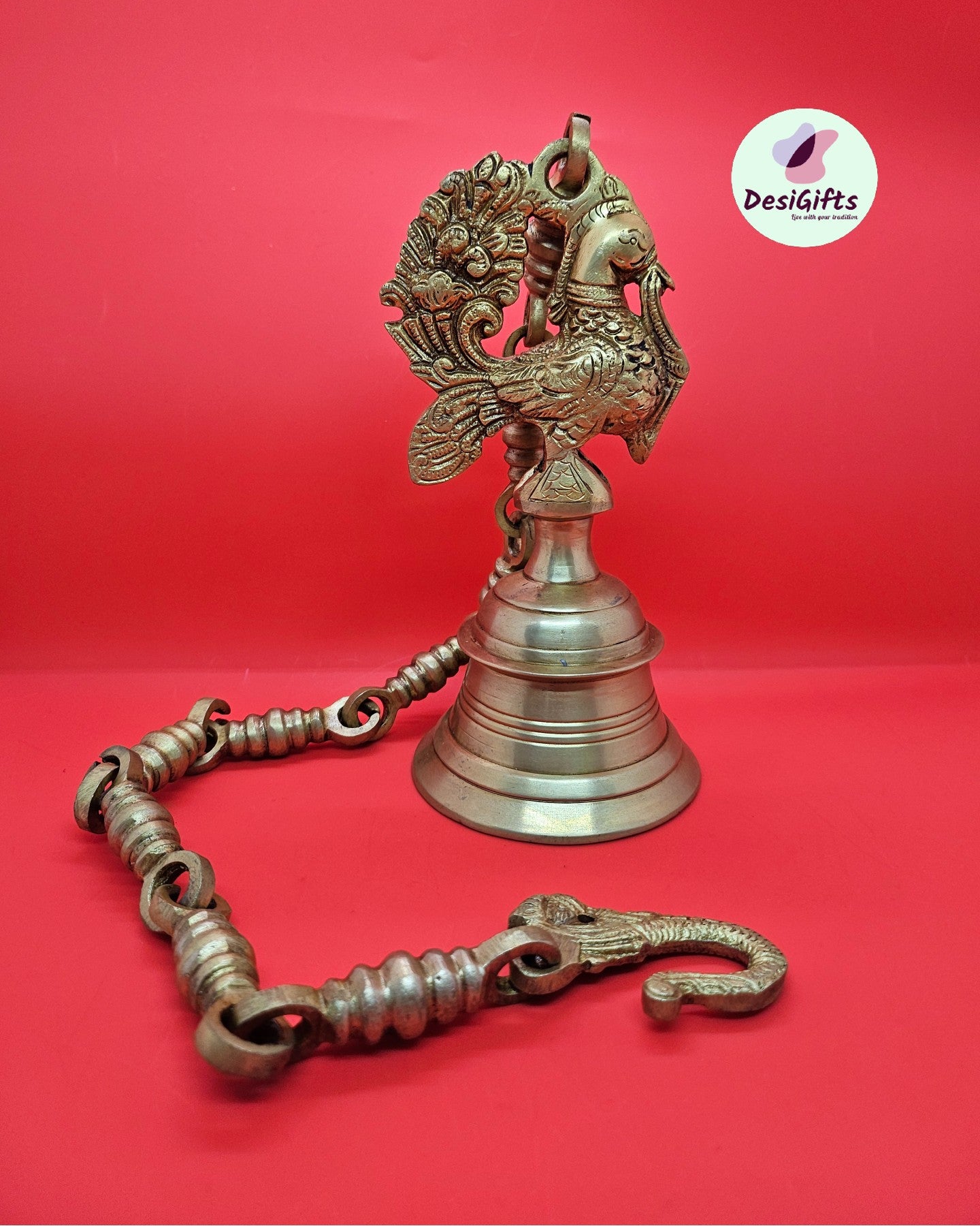 30" Solid Brass Hanging Brass Peacock Bell with Chain, Brass Decorative Bell, Traditional Indian Hanging Bell, Brass Decor, HGBB - 182