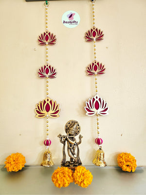 24" Lotus Flower Ethnic Wall Hanging Decor with Bell, Backdrop Festive Decor, Set of 2,  HDR - 1482