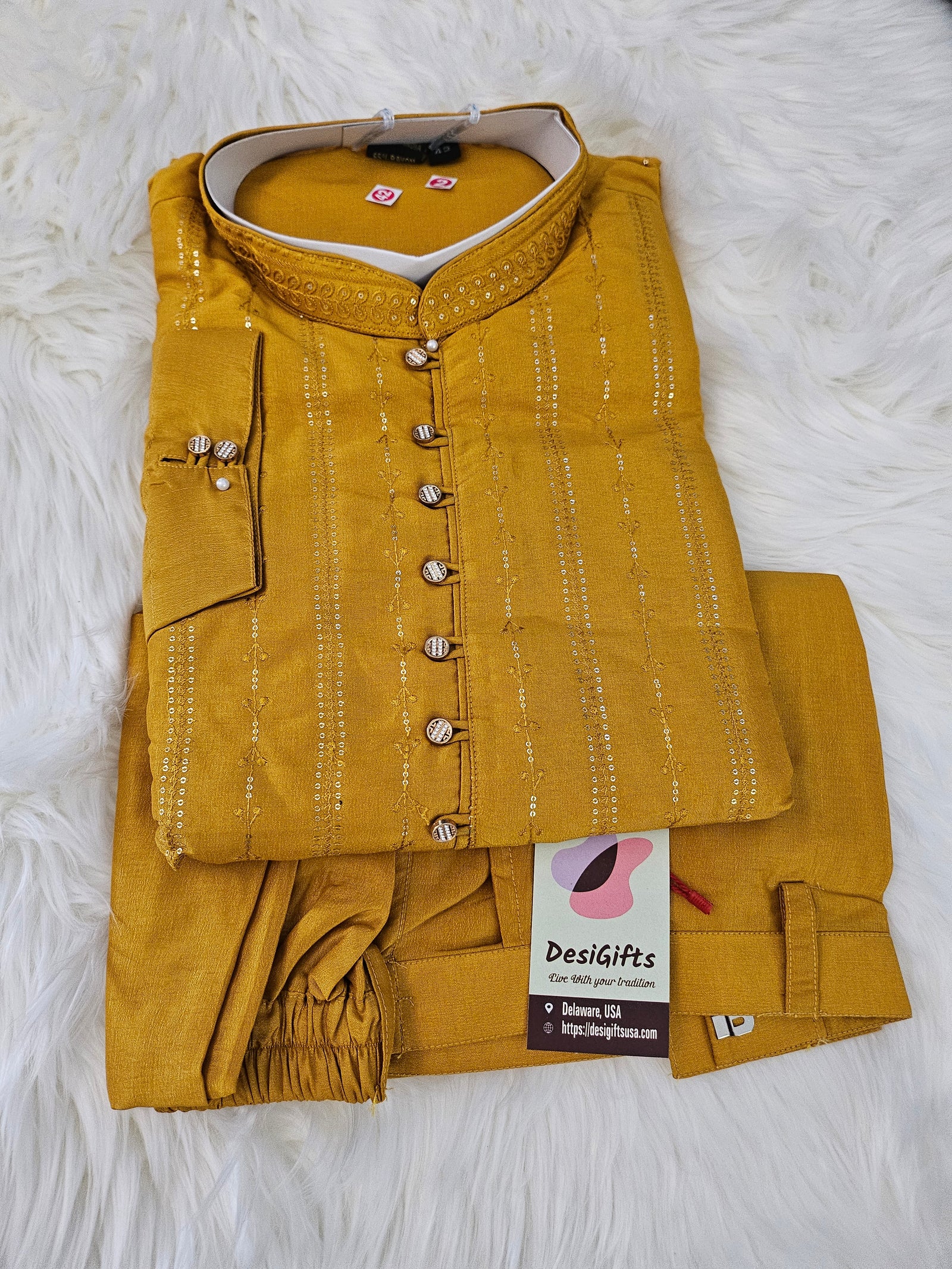 Size 40, Mustard Yellow Shade Embroidered with Sequins Work Partywear 2 Piece Kurta Pajama Set for Man, KP - 1499