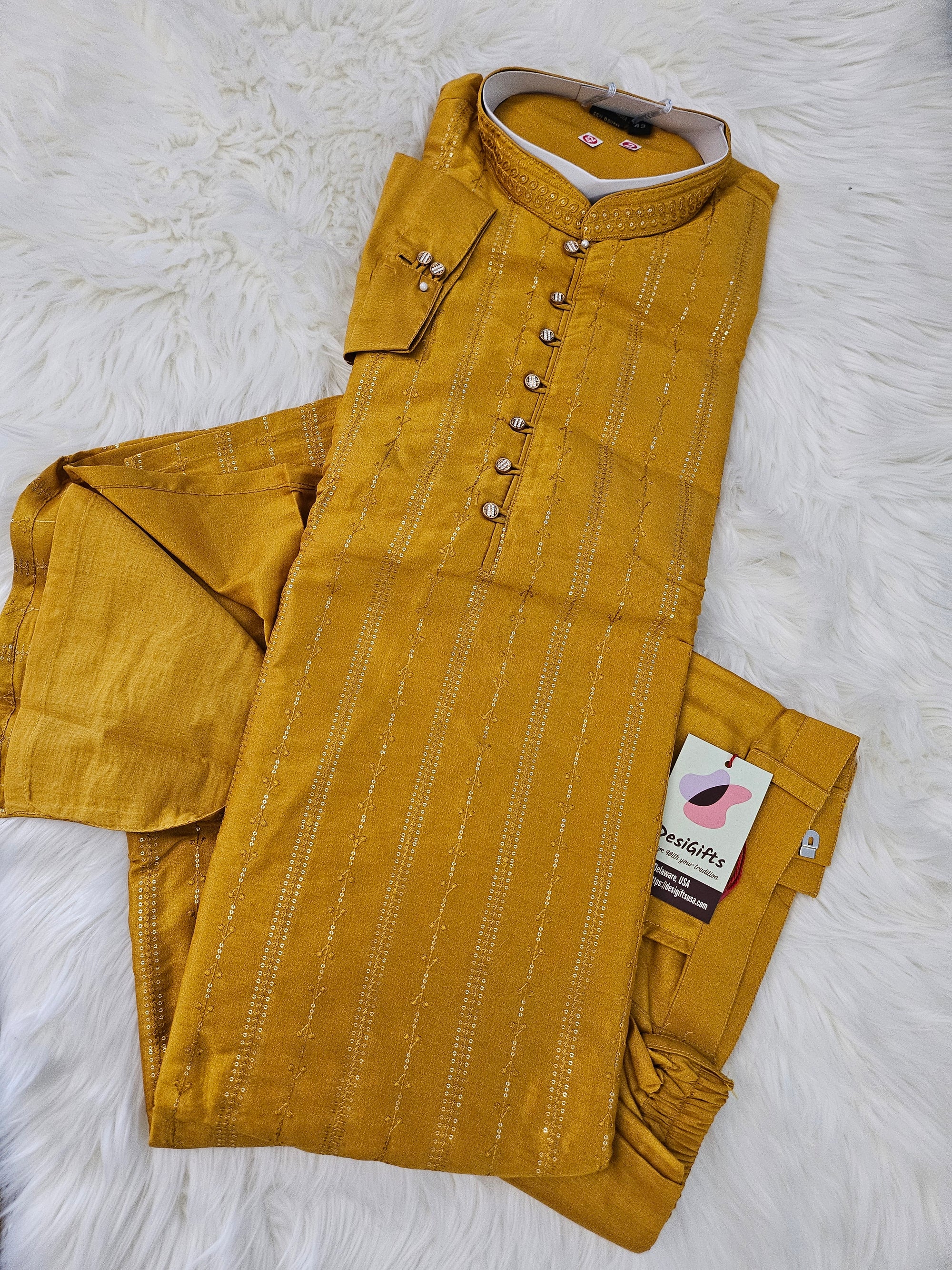 Mustard Yellow Shade Embroidered with Sequins Work Partywear 2 Piece Kurta Pajama Set for Man, KP - 1499