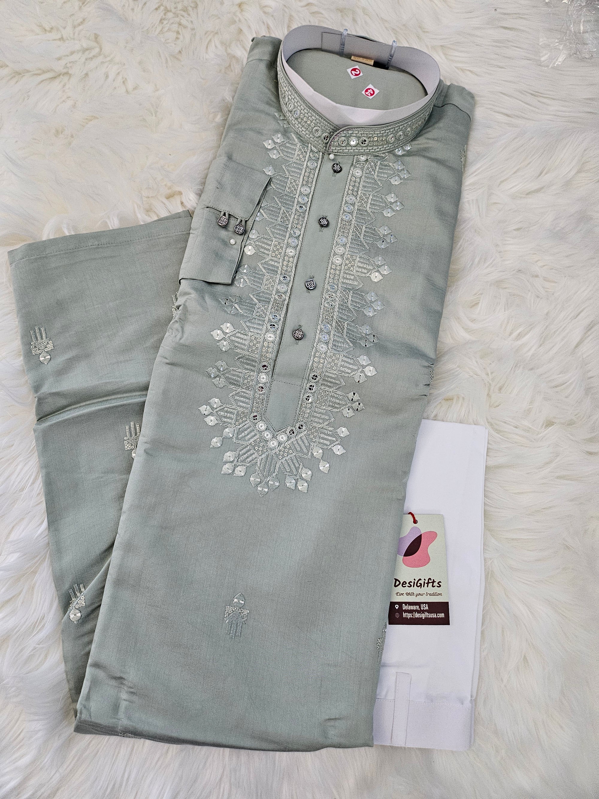 Embroidered with Sequins Neck Work Partywear 2 Piece Kurta Pajama Set for Man, KP - 1495