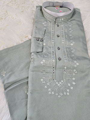 Embroidered with Sequins Neck Work Partywear 2 Piece Kurta Pajama Set for Man, KP - 1495