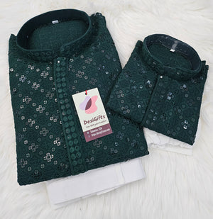 Deep Forest Green Chikankari Rayon with Sequins 2 Piece Kurta Pajama Set, Father & Son's Outfit, DM -1675