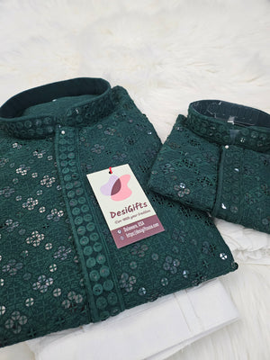 Deep Forest Green Chikankari Rayon with Sequins 2 Piece Kurta Pajama Set, Father & Son's Outfit, DM -1675