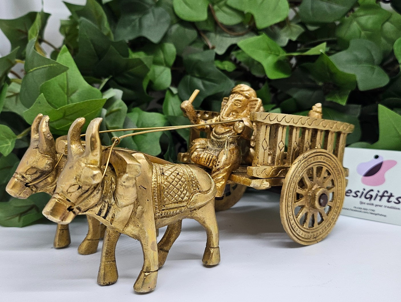 7.5" Brass Cart with Ganesh, Riddhi and Siddhi, Vintage Brass Carriage with Ganesha, GIB-1779
