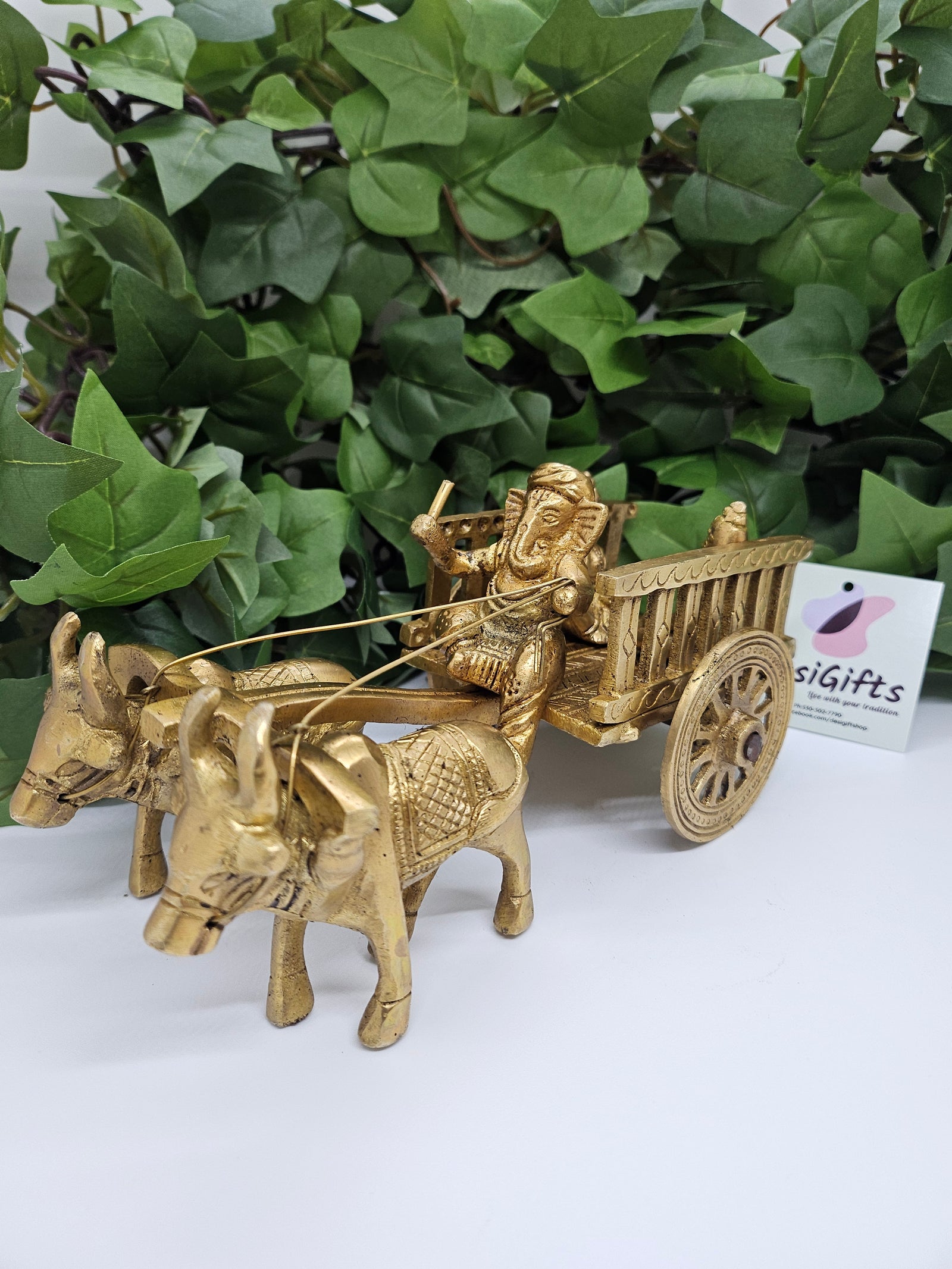 7.5" Brass Cart with Ganesh, Riddhi and Siddhi, Vintage Brass Carriage with Ganesha, GIB-1779