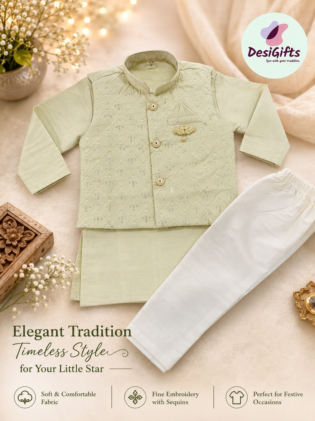 Pista Green Shade 3 Piece Boy's Cotton  Silk Ethnic Kurta with Jacket and Pajama- Design B-2027