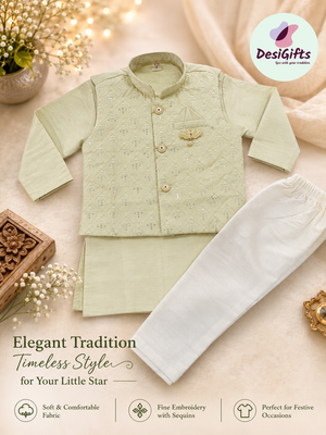 Pista Green Shade 3 Piece Boy's Cotton  Silk Ethnic Kurta with Jacket and Pajama- Design B-2027