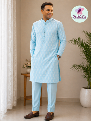 Men’s Sky Blue Jacquard Silk Kurta Pajama Set, Woven Buti Kurta with Trouser Pants, Indian Festive Wedding Wear – MAN 2029