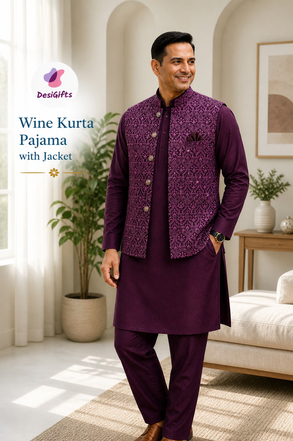 Men’s Wine 3-Piece Kurta Pajama Set with Pant Style Bottom & Embroidered Jacket, Silk Ethnic Wear, TPKP-2030