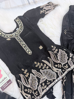 Girls’ Black with Gold Embroidery Kurta Palazzo Set with Sequins Work – Festive Ethnic Wear, GRL-2094