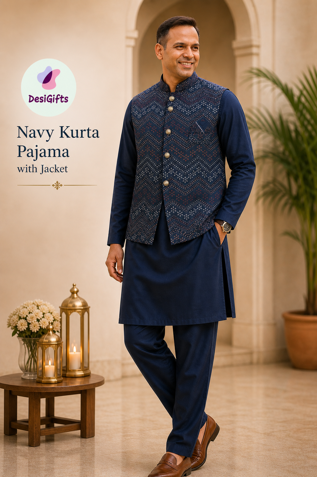 Men’s  Navy Blue 3-Piece Kurta Pajama Set with Jacket, Wedding & Festive Ethnic Wear, KPJ-2031