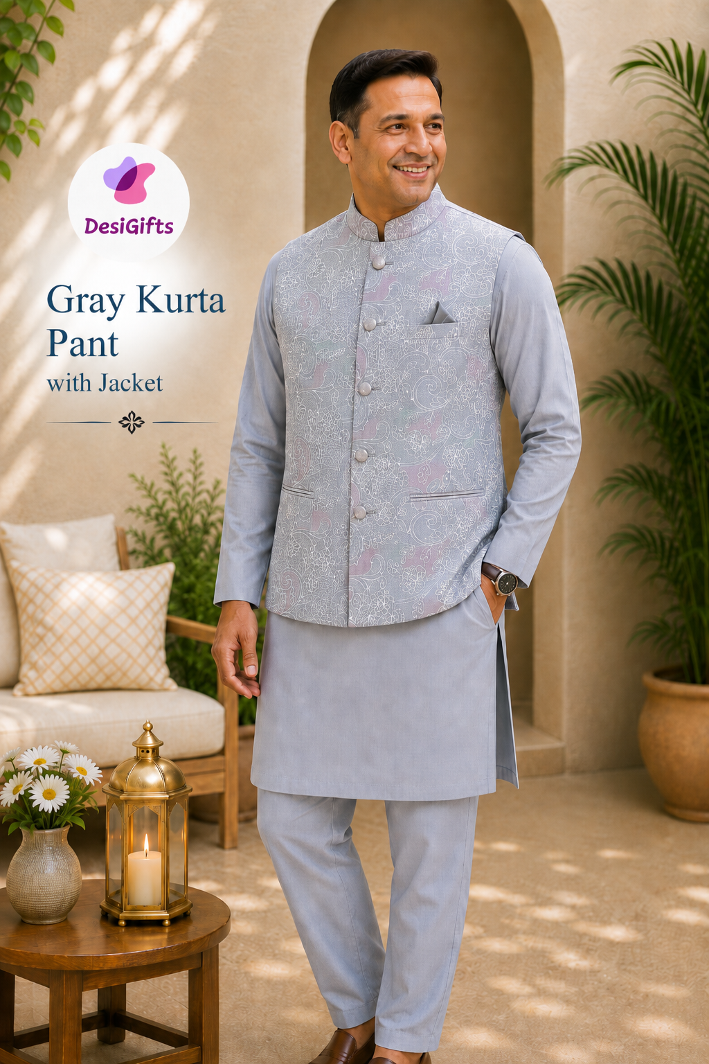 Luxury Everlasting Gray Silk 3-Piece Kurta Pajama with Stylish Jacket, Men’s Festive & Wedding Wear Set, KPJ-2032
