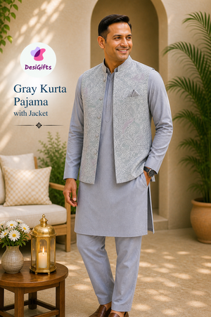 Luxury Everlasting Gray Silk 3-Piece Kurta Pajama with Stylish Jacket, Men’s Festive & Wedding Wear Set, KPJ-2032
